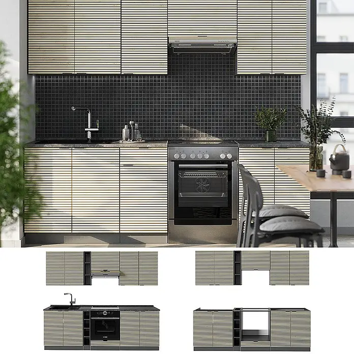 Vicco Küchenzeile Fame-Line Eiche Paneel/Anthrazit, AP Marmor - Breite: 235 cm, Eiche Paneel, Ohne Elektrogeräte - Moderne Küche mit hellen horizontalen Lattenfronten, integrierter Spüle, Herd und Dunstabzugshaube.