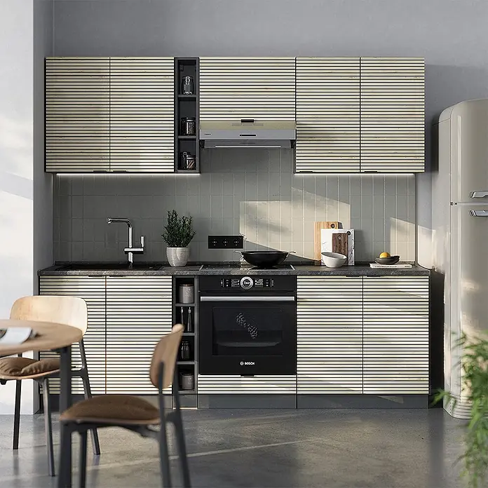 Vicco Küchenzeile Fame-Line Eiche Paneel/Anthrazit, AP Marmor - Breite: 235 cm, Eiche Paneel, Ohne Elektrogeräte - Moderne Küche mit hellen Lamellenschränken, dunklen Arbeitsplatten und integriertem schwarzem Backofen.