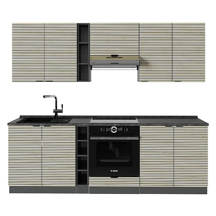 Vicco Küchenzeile Fame-Line Eiche Paneel/Anthrazit ohne Arbeitsplatte - Breite: 235 cm, Eiche Paneel, Ohne Elektrogeräte - Moderne Küche mit hellen Holzlamellenschränken, dunklen Arbeitsplatten, Spüle, Kochfeld und Backofen.