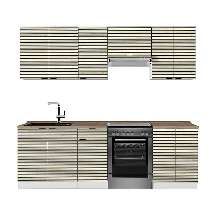 Vicco Küchenzeile Fame-Line Eiche Paneel/Weiß, AP Eiche - Breite: 240 cm, Eiche Paneel, Ohne Elektrogeräte - Moderne Einbauküche mit hellen Lamellenschränken, schwarzer Spüle, Chromarmatur, Edelstahl-Backofen und Dunstabzugshaube.