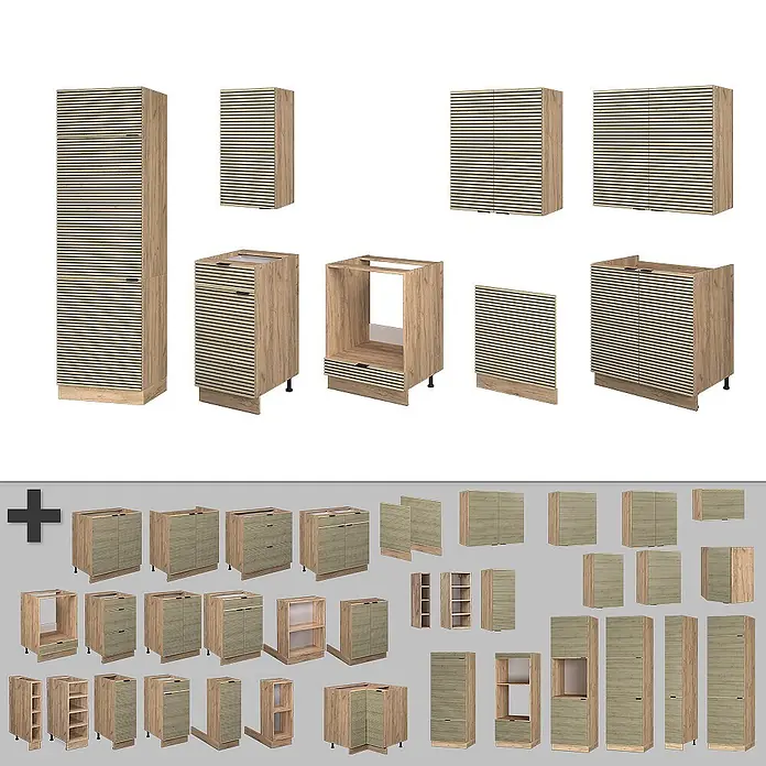 Vicco Küchenzeile Fame-Line Eiche Paneel/Goldkraft Eiche, AP Eiche - Breite: 300 cm, Eiche Paneel, Ohne Elektrogeräte - Auswahl an Küchenschränken und Modulen in Holzoptik mit gerippten Türen/Paneelen für verschiedene Aufbewahrungslösungen.