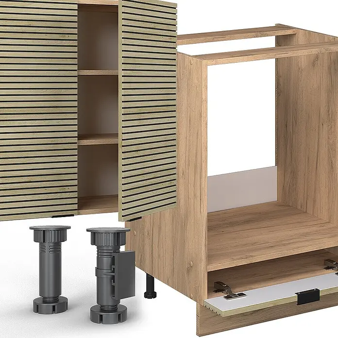 Vicco Küchenzeile Fame-Line Eiche Paneel/Goldkraft Eiche, AP Eiche - Breite: 300 cm, Eiche Paneel, Ohne Elektrogeräte - Unmontierte Küchenschrankteile aus hellem Holz: Geräterahmen, Wandschrank mit Lamellentüren und dunkelgraue Verstellfüße.