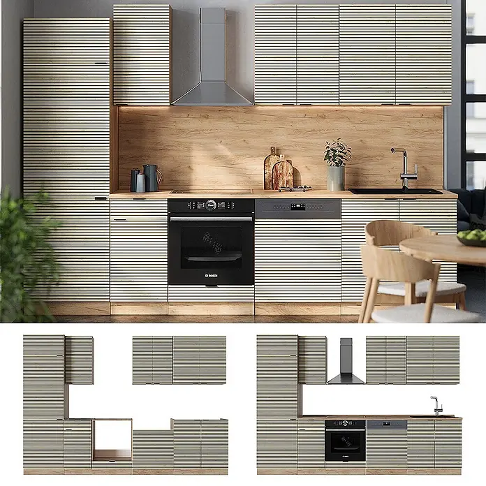 Vicco Küchenzeile Fame-Line Eiche Paneel/Goldkraft Eiche, AP Eiche - Breite: 300 cm, Eiche Paneel, Ohne Elektrogeräte - Moderne Küche mit hellen Holzschränken im Lamellendesign, integriertem Backofen, Geschirrspüler und Spüle.