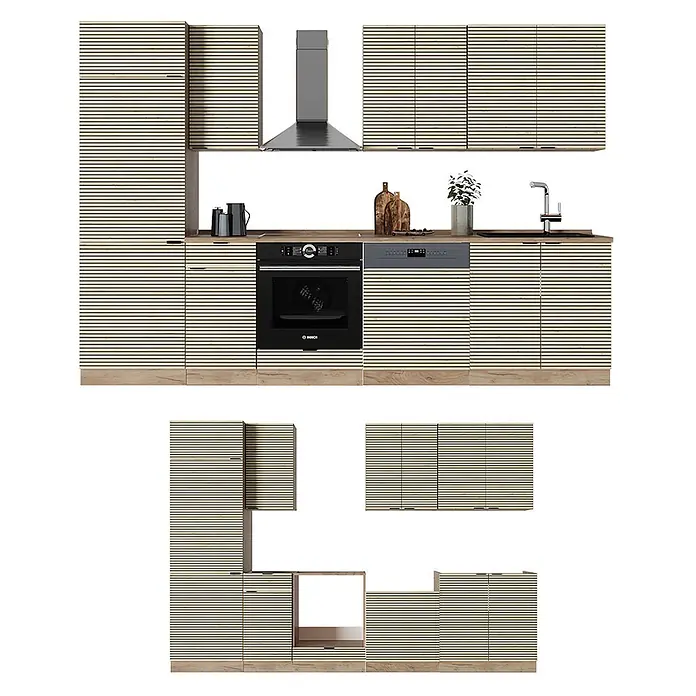 Vicco Küchenzeile Fame-Line Eiche Paneel/Goldkraft Eiche, AP Eiche - Breite: 300 cm, Eiche Paneel, Ohne Elektrogeräte - Moderne Küchenschränke aus hellem Holz mit schwarzen Querstreifen, integriertem Backofen, Geschirrspüler und Holzarbeitsplatte.