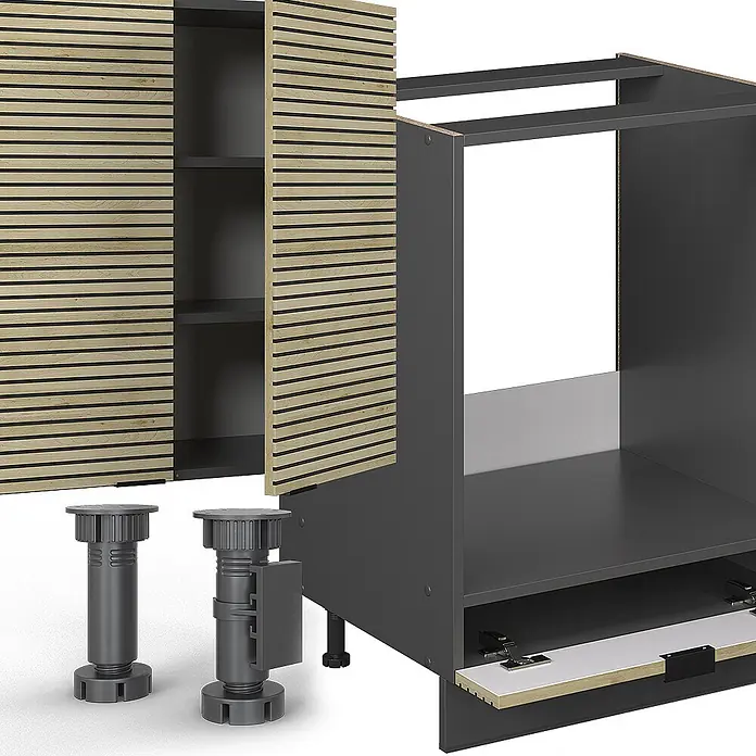 Vicco Küchenzeile Fame-Line Eiche Paneel/Anthrazit, AP Anthrazit - Breite: 300 cm, Eiche Paneel, Ohne Elektrogeräte - Dunkelgraue modulare Küchenschrankteile mit hellen Holzlamellentüren und verstellbaren Füßen, unmontiert gezeigt.
