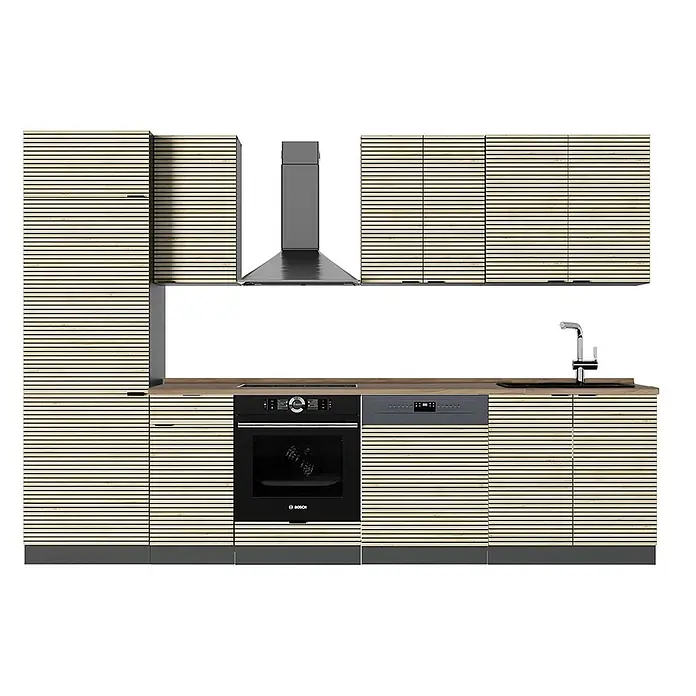 Vicco Küchenzeile Fame-Line Eiche Paneel/Anthrazit, AP Eiche - Breite: 300 cm, Eiche Paneel, Ohne Elektrogeräte - Moderne Küche mit hellen Holzlamellenfronten, integriertem Backofen, Spülmaschine und dunkler Arbeitsplatte.