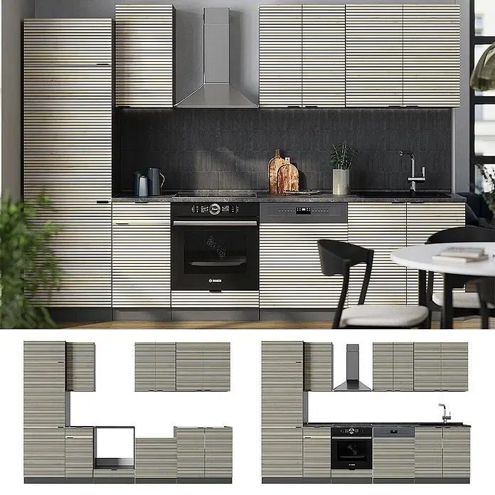 Vicco Küchenzeile Fame-Line Eiche Paneel/Anthrazit, AP Anthrazit - Breite: 300 cm, Eiche Paneel, Ohne Elektrogeräte - Moderne Küche mit beigefarbenen Lamellenschränken, integriertem Backofen, Geschirrspüler und Spüle. Zeigt das funktionale Layout.