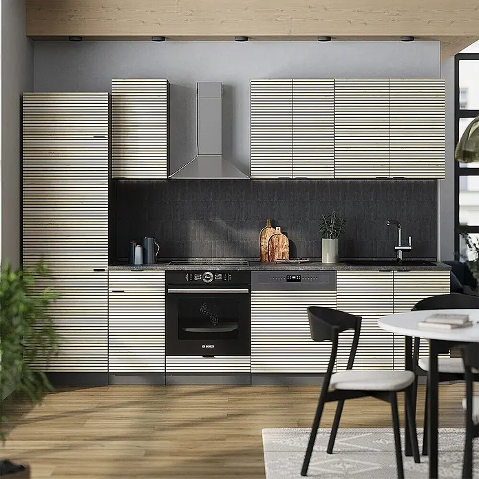 Vicco Küchenzeile Fame-Line Eiche Paneel/Anthrazit, AP Anthrazit - Breite: 300 cm, Eiche Paneel, Ohne Elektrogeräte - Küchenschränke mit hellen, horizontalen Lamellentüren in Holzoptik, integriert in eine moderne Küche.