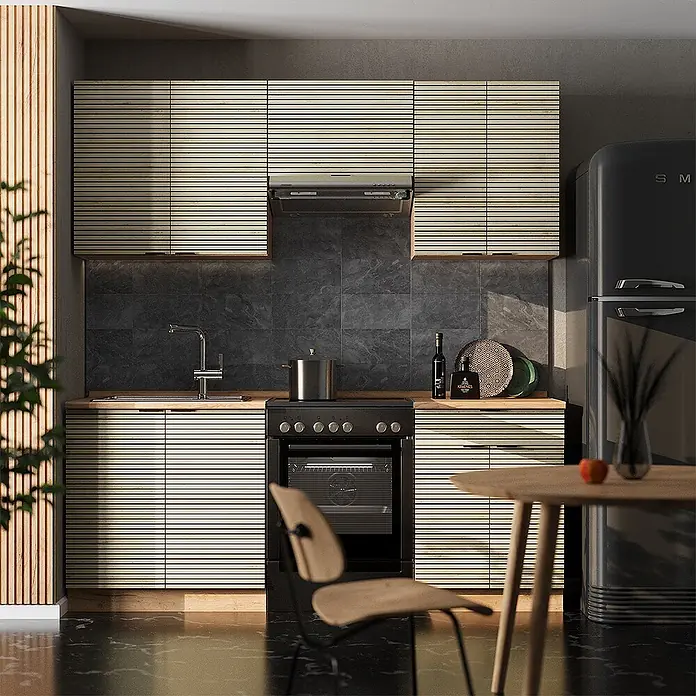 Vicco Küchenzeile Fame-Line Eiche Paneel/Goldkraft Eiche, AP Eiche - Breite: 200 cm, Eiche Paneel, Ohne Elektrogeräte - Moderne Küche mit hellen Holzlamellenschränken, dunklem Fliesenspiegel, schwarzen Geräten und Holzarbeitsplatte.