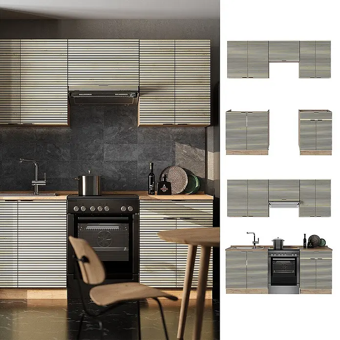 Vicco Küchenzeile Fame-Line Eiche Paneel/Goldkraft Eiche, AP Eiche - Breite: 200 cm, Eiche Paneel, Ohne Elektrogeräte - Helle Holzküchenschränke mit horizontalen Lamellen, als komplette Küche und Modulkomponenten gezeigt.