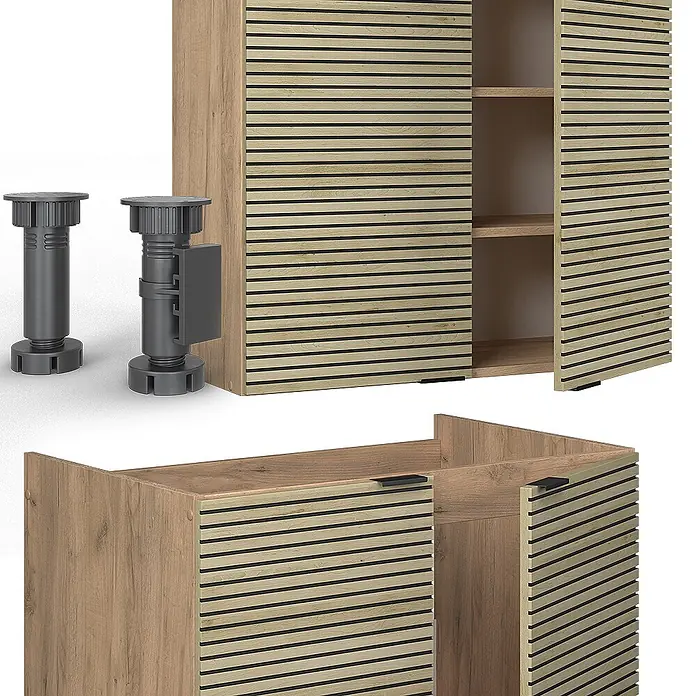 Vicco Küchenzeile Fame-Line Eiche Paneel/Goldkraft Eiche, AP Eiche - Breite: 200 cm, Eiche Paneel, Ohne Elektrogeräte - Modulares helles Holzschränkchen mit Lamellentüren, gezeigt mit verstellbaren dunkelgrauen Möbelfüßen.