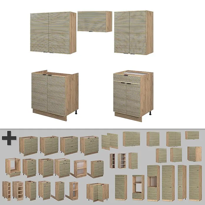 Vicco Küchenzeile Fame-Line Eiche Paneel/Goldkraft Eiche, AP Eiche - Breite: 200 cm, Eiche Paneel, Ohne Elektrogeräte - Modulare Küchenschränke mit hellen Holzrahmen und gerippten hellbeige/grünen Fronten, inkl. Unter-, Ober- und Hochschränken.