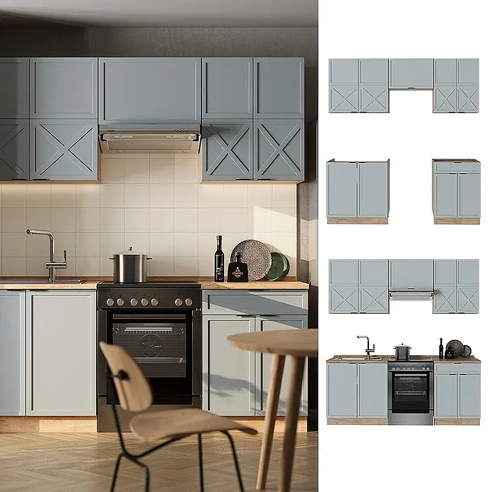 Vicco Küchenzeile Fame-Line Hellblau-grau/Goldkraft Eiche ohne Arbeitsplatte - Breite: 200 cm, Hellblau-grau, Ohne Elektrogeräte - Blaugraue Küchenzeile mit Holz-Arbeitsplatten, integriertem Herd und Spüle. Oberschränke mit X-Muster.
