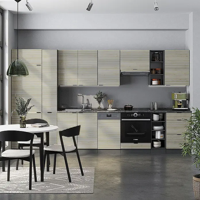 Vicco Küchenzeile Fame-Line Eiche Paneel/Anthrazit, AP Anthrazit - Breite: 355 cm, Eiche Paneel, Ohne Elektrogeräte - Moderne Küche mit hellbeigen Lamellenschränken, integrierten Geräten und Essbereich.