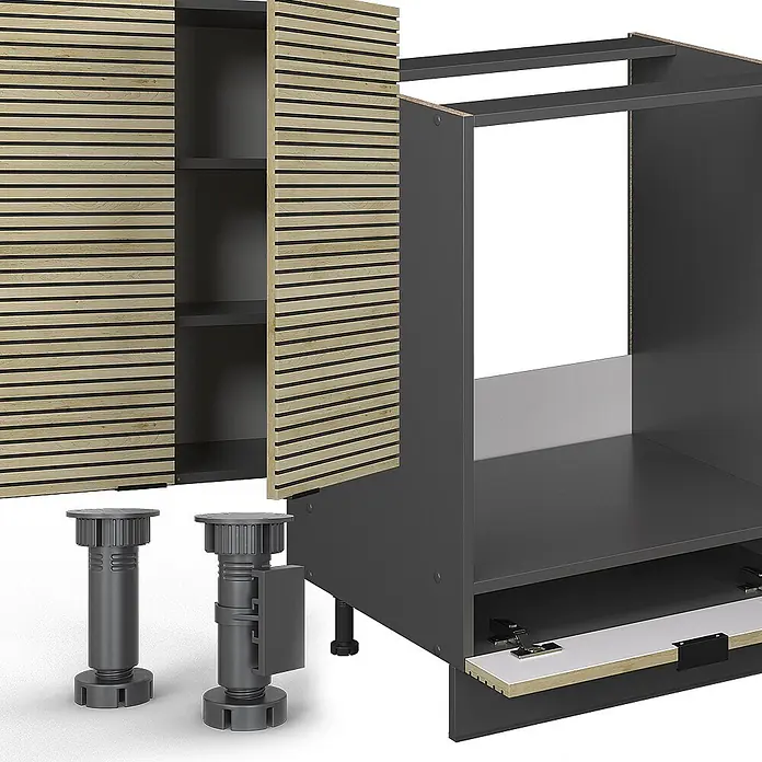 Vicco Küchenzeile Fame-Line Eiche Paneel/Anthrazit, AP Anthrazit - Breite: 355 cm, Eiche Paneel, Ohne Elektrogeräte - Dunkelgraue modulare Schranksystemteile: Rahmen, Holztüren mit Lamellen und verstellbare Füße. Türen offen, Regale sichtbar.