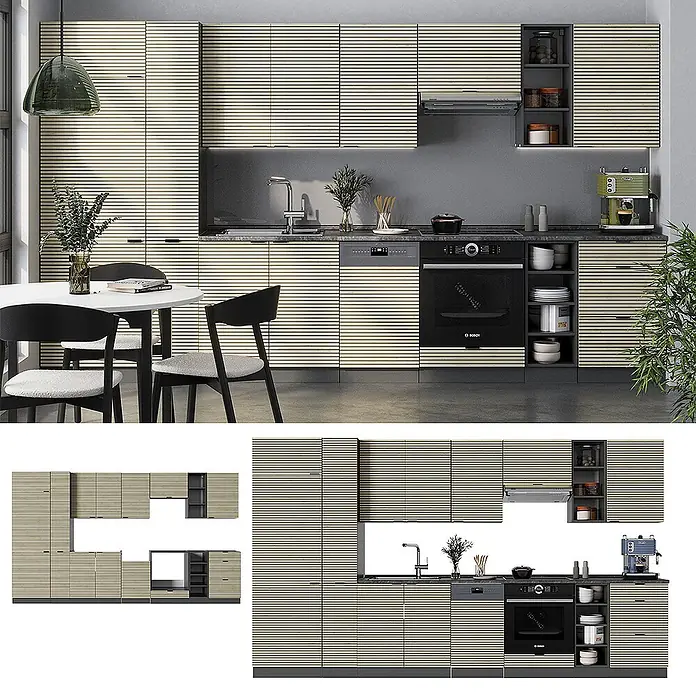 Vicco Küchenzeile Fame-Line Eiche Paneel/Anthrazit, AP Anthrazit - Breite: 355 cm, Eiche Paneel, Ohne Elektrogeräte - Moderne Küchenschränke in Hellbeige mit horizontalen Lamellen, integriert in eine funktionale Küche mit Geräten und Essbereich.