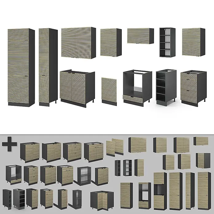 Vicco Küchenzeile Fame-Line Eiche Paneel/Anthrazit, AP Anthrazit - Breite: 355 cm, Eiche Paneel, Ohne Elektrogeräte - Modulare Küchenschränke mit dunkelgrauen Korpi und hellen Holzlamellenfronten.