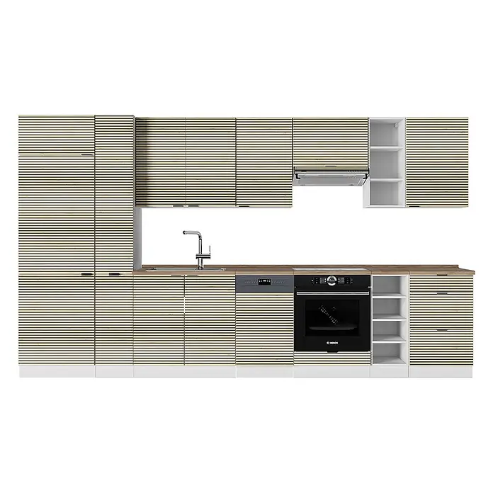 Vicco Küchenzeile Fame-Line Eiche Paneel/Weiß, AP Eiche - Breite: 355 cm, Eiche Paneel, Ohne Elektrogeräte - Moderne Küche mit hellen Holzlamellenfronten, heller Holz-Arbeitsplatte und integrierten schwarzen Geräten (Ofen, Spülmaschine).