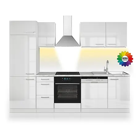 Vicco  Küchenzeile Optima Weiß Hochglanz/Weiß ohne Arbeitsplatte mit LED-Leisten