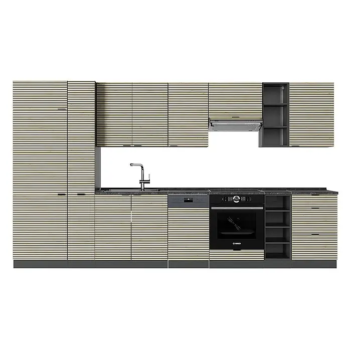 Vicco Küchenzeile Fame-Line Eiche Paneel/Anthrazit, AP Anthrazit - Breite: 355 cm, Eiche Paneel, Ohne Elektrogeräte - Moderne L-förmige Küche mit hellen Holzlamellenfronten, dunklen Arbeitsplatten und integrierten dunkelgrauen Geräten.