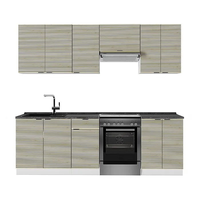 Vicco Küchenzeile Fame-Line Eiche Paneel/Weiß, AP Anthrazit - Breite: 240 cm, Eiche Paneel, Ohne Elektrogeräte - Küchenzeile aus hellem Holz mit Lamellenoptik: Oberschränke, Spüle mit dunkler Arbeitsplatte und Ofen mit Unterschränken.