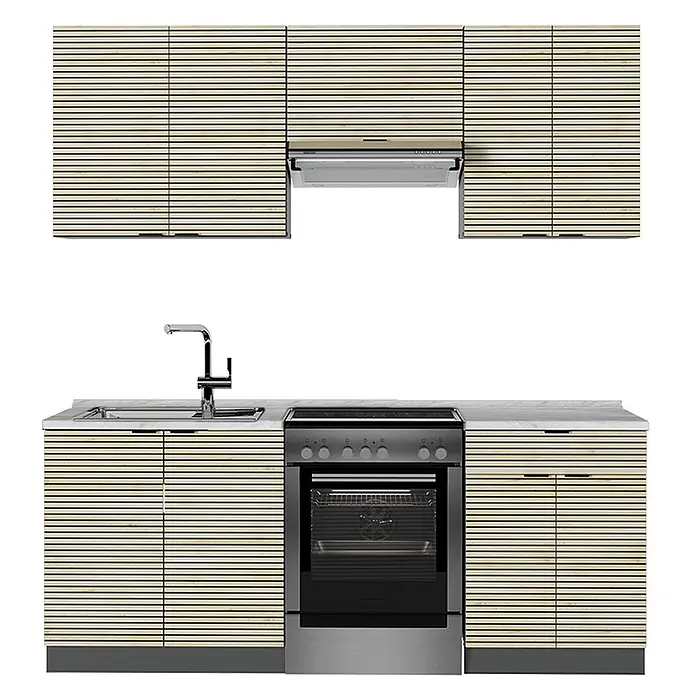 Vicco Küchenzeile Fame-Line Eiche Paneel/Anthrazit, AP Marmor - Breite: 200 cm, Eiche Paneel, Ohne Elektrogeräte - Küchenzeile aus hellem Lamellenholz mit Ober- und Unterschränken, silberner Spüle, Backofen, Herd und Dunstabzugshaube.