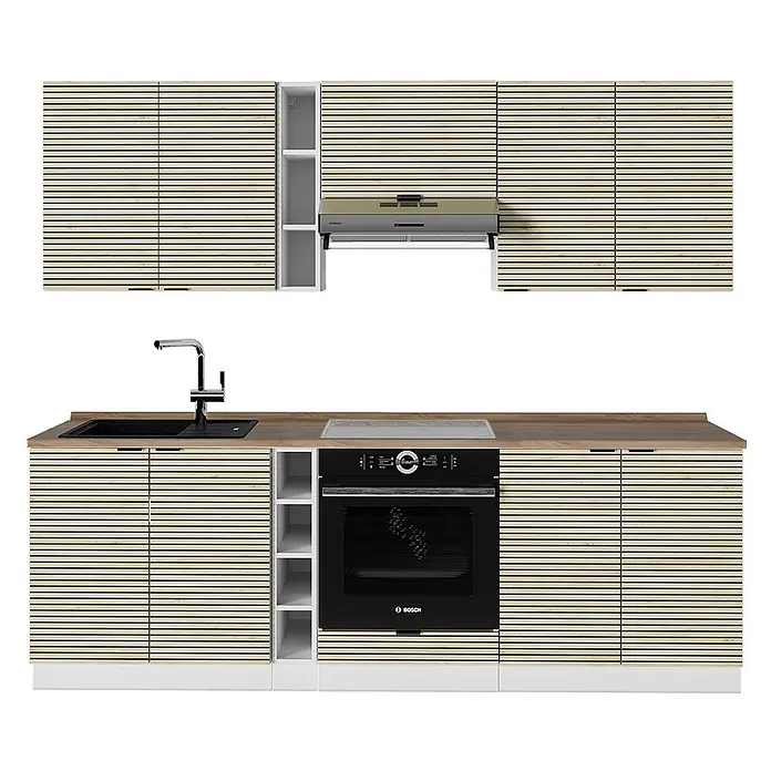 Vicco Küchenzeile Fame-Line Eiche Paneel/Weiß, AP Eiche - Breite: 235 cm, Eiche Paneel, Ohne Elektrogeräte - Modulküche mit hellen Holzlamellenfronten, dunklem Backofen, Spüle und Holzarbeitsplatte.