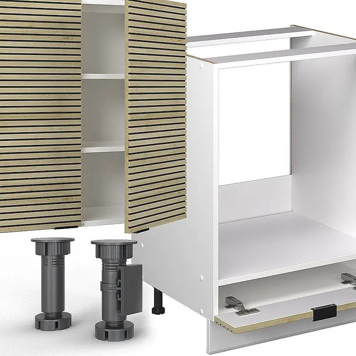 Vicco Küchenzeile Fame-Line Eiche Paneel/Weiß, AP Anthrazit - Breite: 300 cm, Eiche Paneel, Ohne Elektrogeräte - Zerlegte Schrankteile: zwei Lamellentüren aus Holz, ein weißer Korpus und zwei verstellbare dunkelgraue Füße.