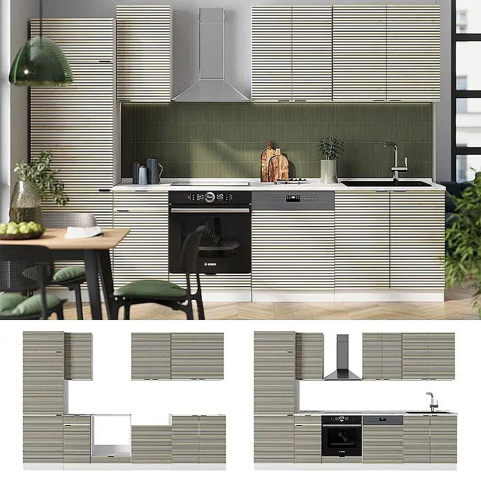 Vicco Küchenzeile Fame-Line Eiche Paneel/Weiß, AP Anthrazit - Breite: 300 cm, Eiche Paneel, Ohne Elektrogeräte - Moderne Küche mit hellen, horizontal gestreiften Holzschränken und integrierten Geräten.