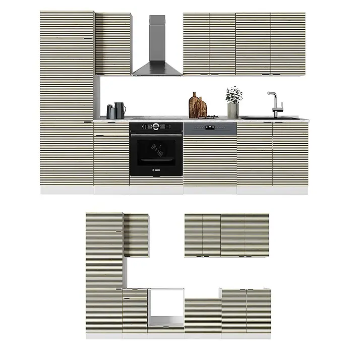 Vicco Küchenzeile Fame-Line Eiche Paneel/Weiß, AP Anthrazit - Breite: 300 cm, Eiche Paneel, Ohne Elektrogeräte - Moderne Küche mit hellen Lamellenschränken, schwarzem Einbauofen, Geschirrspüler, Spüle und Edelstahlhaube, inklusive Ober- und Unterschränken.