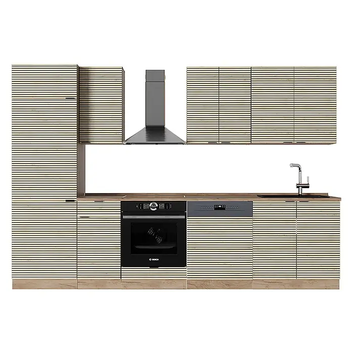 Vicco Küchenzeile Fame-Line Eiche Paneel/Goldkraft Eiche, AP Eiche - Breite: 300 cm, Eiche Paneel, Ohne Elektrogeräte - Moderne Küche mit hellen Lamellenholzschränken, dunkler Arbeitsplatte, integriertem Backofen, Geschirrspüler, Spüle und Dunstabzugshaube.