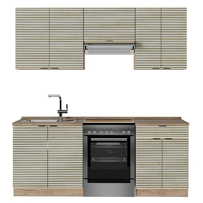 Vicco Küchenzeile Fame-Line Eiche Paneel/Goldkraft Eiche, AP Eiche - Breite: 200 cm, Eiche Paneel, Ohne Elektrogeräte - Helle Holzküche mit Lamellenfronten, Ober- und Unterschränken, Spüle und Backofen. Dunkle Holz-Arbeitsplatten.