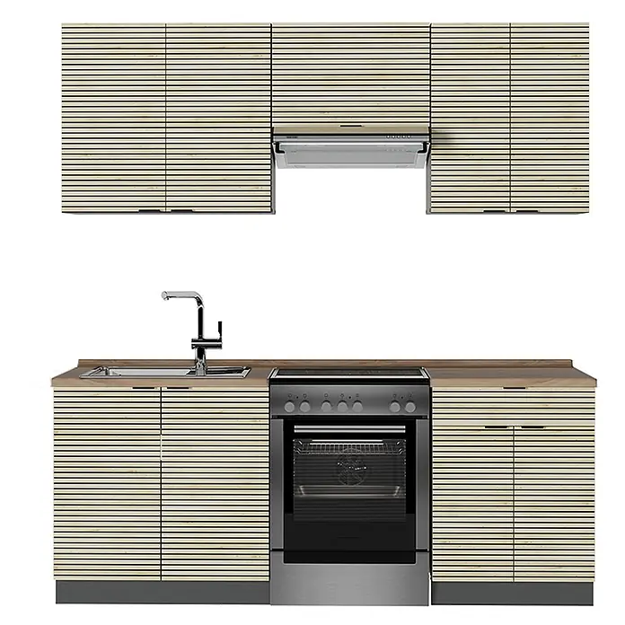 Vicco Küchenzeile Fame-Line Eiche Paneel/Anthrazit, AP Eiche - Breite: 200 cm, Eiche Paneel, Ohne Elektrogeräte - Modulare Küchenzeile mit hellen Lamellenholzschränken, Spüle, Herd und Dunstabzugshaube.