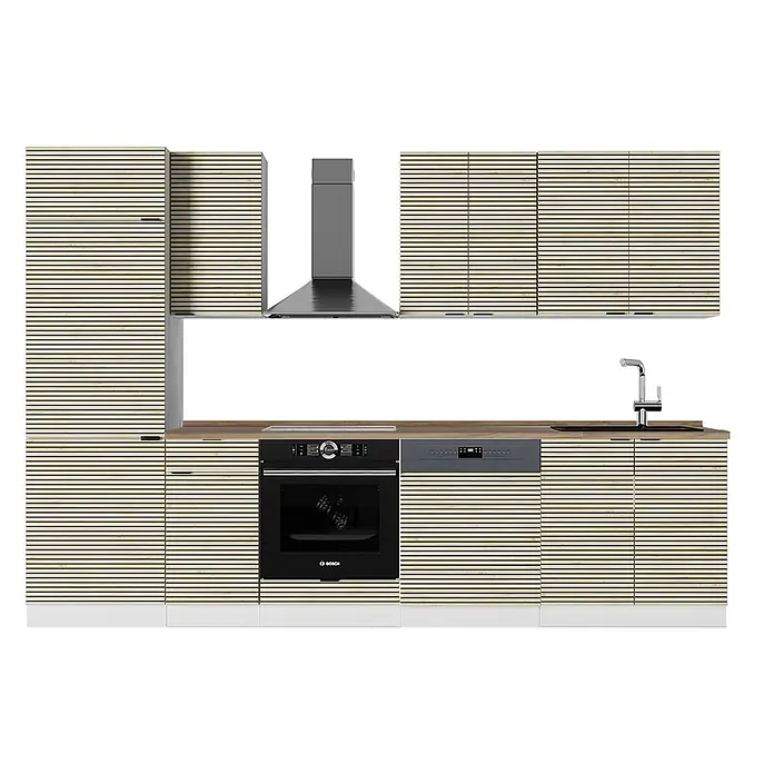 Vicco Küchenzeile Fame-Line Eiche Paneel/Weiß, AP Eiche - Breite: 300 cm, Eiche Paneel, Ohne Elektrogeräte - Moderne Küche mit hellen Lamellenholzschränken, Holzarbeitsplatte, integriertem schwarzem Backofen, grauem Geschirrspüler, silberner Dunstabzugshaube und schwarzem Spülbecken mit Wasserhahn.