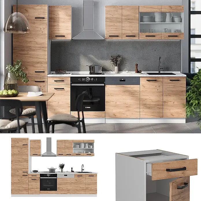 Vicco Küchenzeile R-Line Goldkraft Eiche/Weiß AP Anthrazit - Goldkraft Eiche, Ohne Elektrogeräte - Moderne Küche in Holzoptik mit schwarzen Griffen, weißer Arbeitsplatte und eingebauten Geräten wie Backofen und Geschirrspüler.