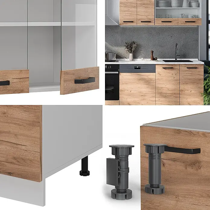 Vicco Küchenzeile R-Line Goldkraft Eiche/Weiß AP Anthrazit - Goldkraft Eiche, Ohne Elektrogeräte - Modulares Küchensystem mit Holzoptik-Fronten, schwarzen Griffen und verstellbaren Füßen, in Küche und Detailansicht gezeigt.