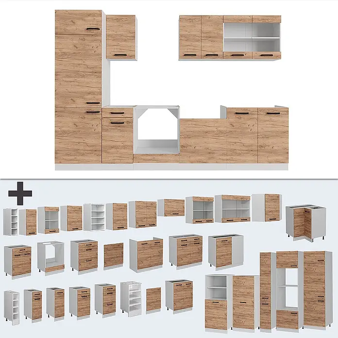 Vicco Küchenzeile R-Line Goldkraft Eiche/Weiß AP Anthrazit - Goldkraft Eiche, Ohne Elektrogeräte - Modulare Küchenmöbel mit hellbraunen Holzmaserungsfronten, weißen Korpen und schwarzen Griffen. Enthält verschiedene Ober-, Unter- und Hochschränke.