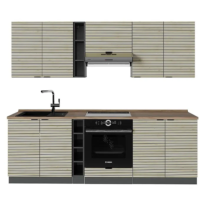 Vicco Küchenzeile Fame-Line Eiche Paneel/Anthrazit, AP Eiche - Breite: 235 cm, Eiche Paneel, Ohne Elektrogeräte - Moderne Küche mit hellen Lamellenholzschränken, dunkler Arbeitsplatte, schwarzer Spüle, Backofen und Kochfeld, plus Dunstabzugshaube.