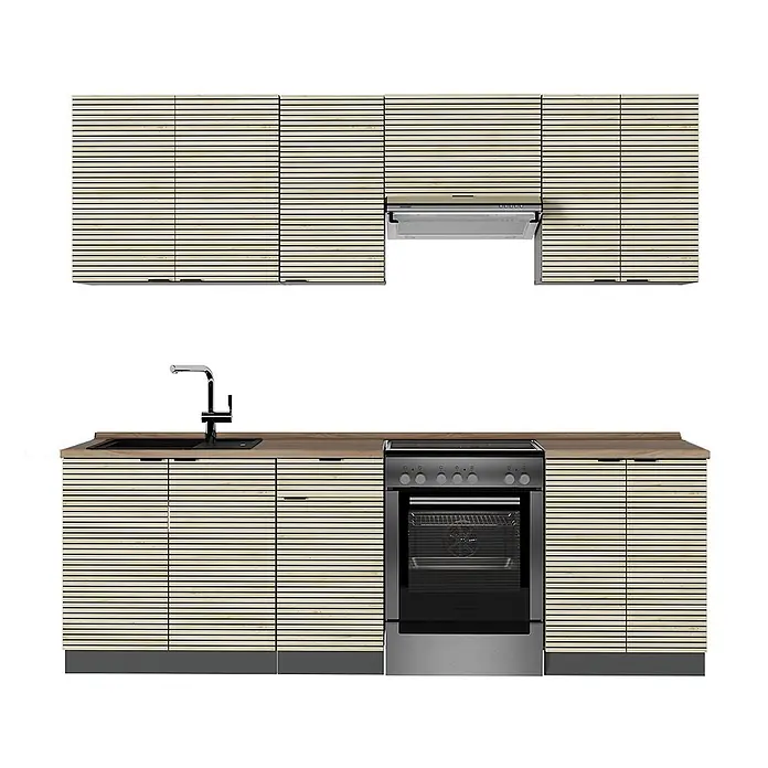 Vicco Küchenzeile Fame-Line Eiche Paneel/Anthrazit, AP Eiche - Breite: 240 cm, Eiche Paneel, Ohne Elektrogeräte - Moderne Küche mit hellen Holzlamellenfronten, schwarzer Arbeitsplatte, Spüle, Backofen und Dunstabzugshaube.