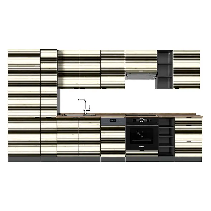 Vicco Küchenzeile Fame-Line Eiche Paneel/Anthrazit, AP Eiche - Breite: 355 cm, Eiche Paneel, Ohne Elektrogeräte - Küche mit hellen Holz-Lamellenfronten, integrierten Geräten, Holz-Arbeitsplatte und dunkelgrauem offenem Stauraum.