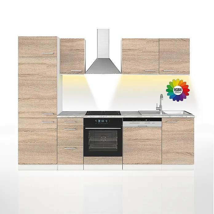 Vicco Küchenzeile Optima Sonoma/Weiß ohne Arbeitsplatte mit LED-Leisten - Sonoma, Ohne Elektrogeräte - Moderne Küchenzeile mit hellen Holzmaserung-Schränken, weißer Arbeitsplatte, Einbaugeräten und RGBW-Unterbauleuchten.