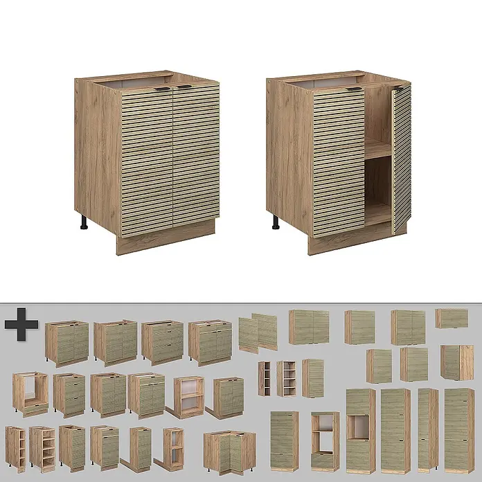 Vicco Schrankküche Fame-Line Eiche Paneel ohne Arbeitsplatte - Eiche Paneel, Unterschrank 60 cm - Eine Kollektion heller Küchenschränke aus Holz mit Lamellentüren in verschiedenen Größen und Konfigurationen.