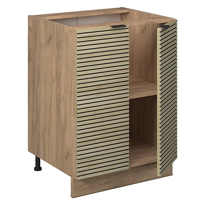 Vicco Schrankküche Fame-Line Eiche Paneel ohne Arbeitsplatte - Eiche Paneel, Unterschrank 60 cm - Heller Holzdekor-Unterschrank mit Lamellentüren und schwarzen Griffen. Mit Innenregal und leicht geöffneten Türen.
