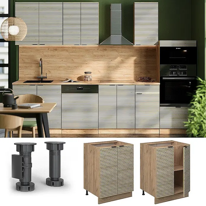 Vicco Schrankküche Fame-Line Eiche Paneel ohne Arbeitsplatte - Eiche Paneel, Unterschrank 60 cm - Moderne Küchenschränke mit hellen Holzlamellentüren und schwarzen Akzenten, in Küche integriert und einzeln gezeigt.