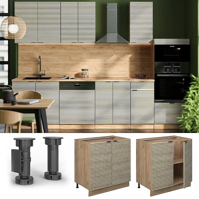 Vicco Schrankküche Fame-Line Eiche Paneel mit Regal, ohne Arbeitsplatte - Eiche Paneel, Unterschrank 80 cm - Lamellen-Küchenschränke aus hellem Holz und Holzarbeitsplatte. Mit Unterschränken und verstellbaren Füßen dargestellt.