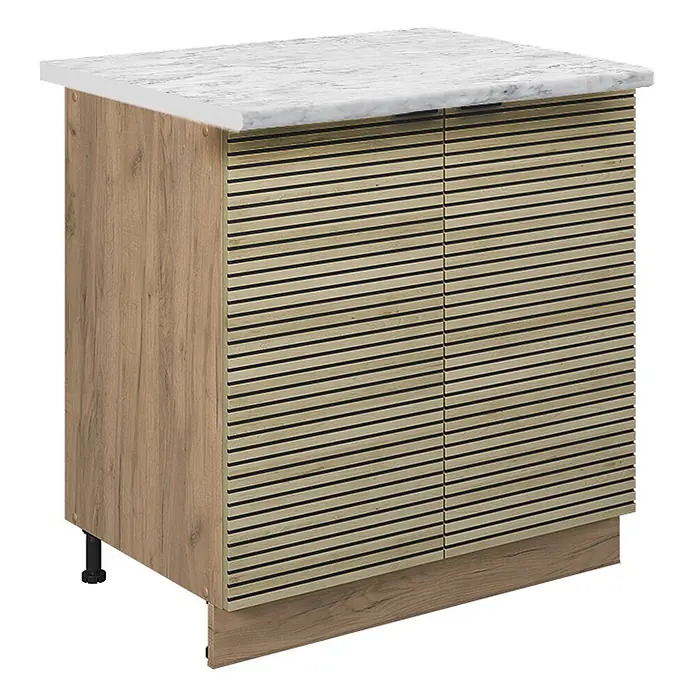 Vicco Schrankküche Fame-Line Eiche Paneel mit Regal, AP Marmor - Eiche Paneel, Unterschrank 80 cm, AP Marmor - Holzfurnier-Unterschrank mit Lamellenfronttüren und weißer Marmor-Arbeitsplatte.