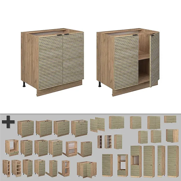 Vicco Schrankküche Fame-Line Eiche Paneel mit Regal, ohne Arbeitsplatte - Eiche Paneel, Unterschrank 80 cm - Modulare Unterschränke und Hochschränke in Holzoptik mit hellen Lamellentüren.