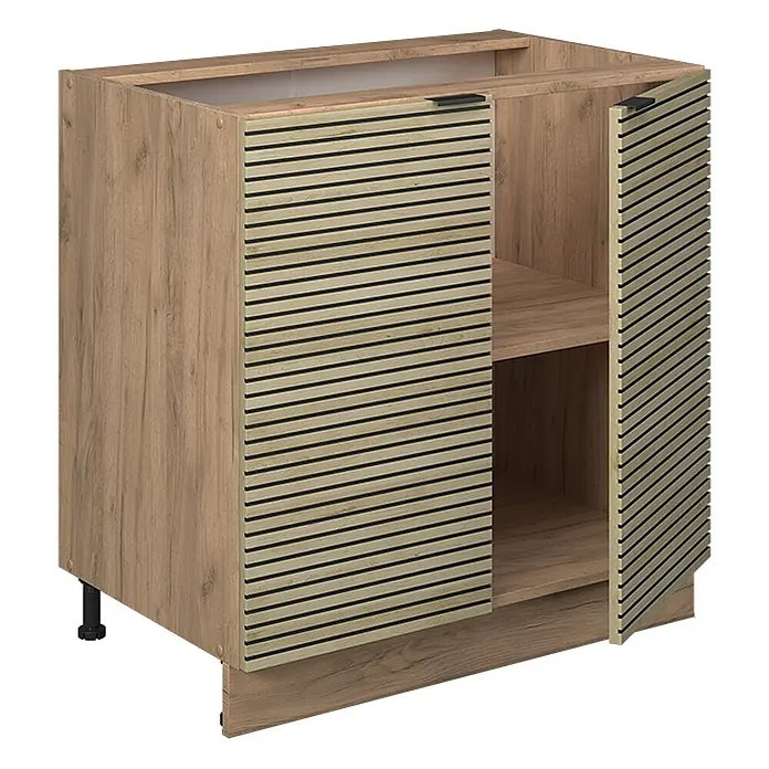 Vicco Schrankküche Fame-Line Eiche Paneel mit Regal, ohne Arbeitsplatte - Eiche Paneel, Unterschrank 80 cm - Heller Holz-Unterschrank mit zwei Türen, dunklem Lamellendesign, schwarzen Griffen und Innenablage. Verstellbare Füße.