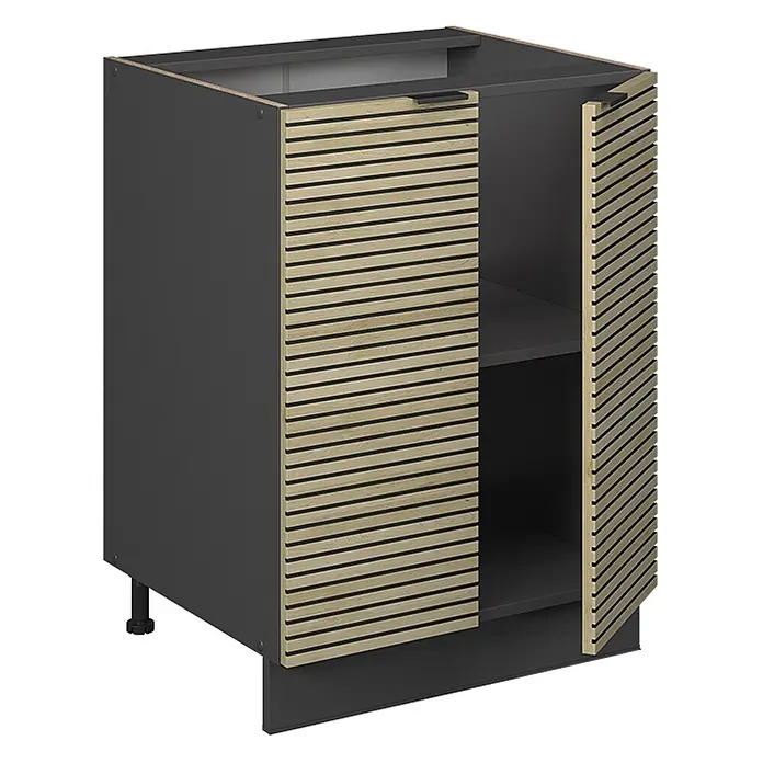 Vicco Schrankküche Fame-Line Eiche Paneel ohne Arbeitsplatte - Eiche Paneel, Unterschrank 60 cm - Dunkelgrauer Unterschrank mit Lamellentüren aus Naturholz und Innenregal. Eine Tür ist leicht geöffnet.
