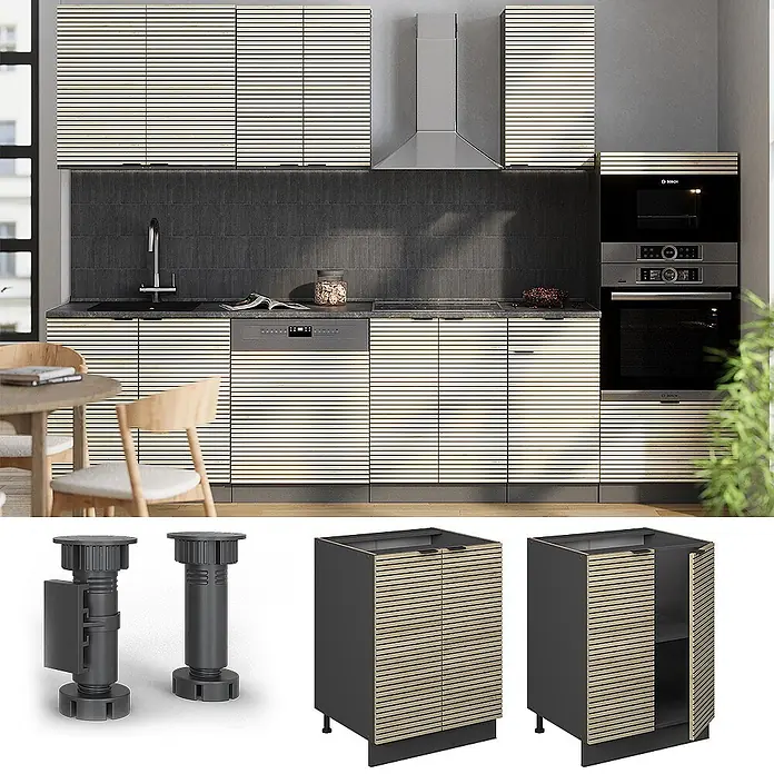 Vicco Schrankküche Fame-Line Eiche Paneel ohne Arbeitsplatte - Eiche Paneel, Unterschrank 60 cm - Moderne Küchenschränke mit hellen Holzlamellenfronten und dunkelgrauen Korpusse, in einer Küche installiert.